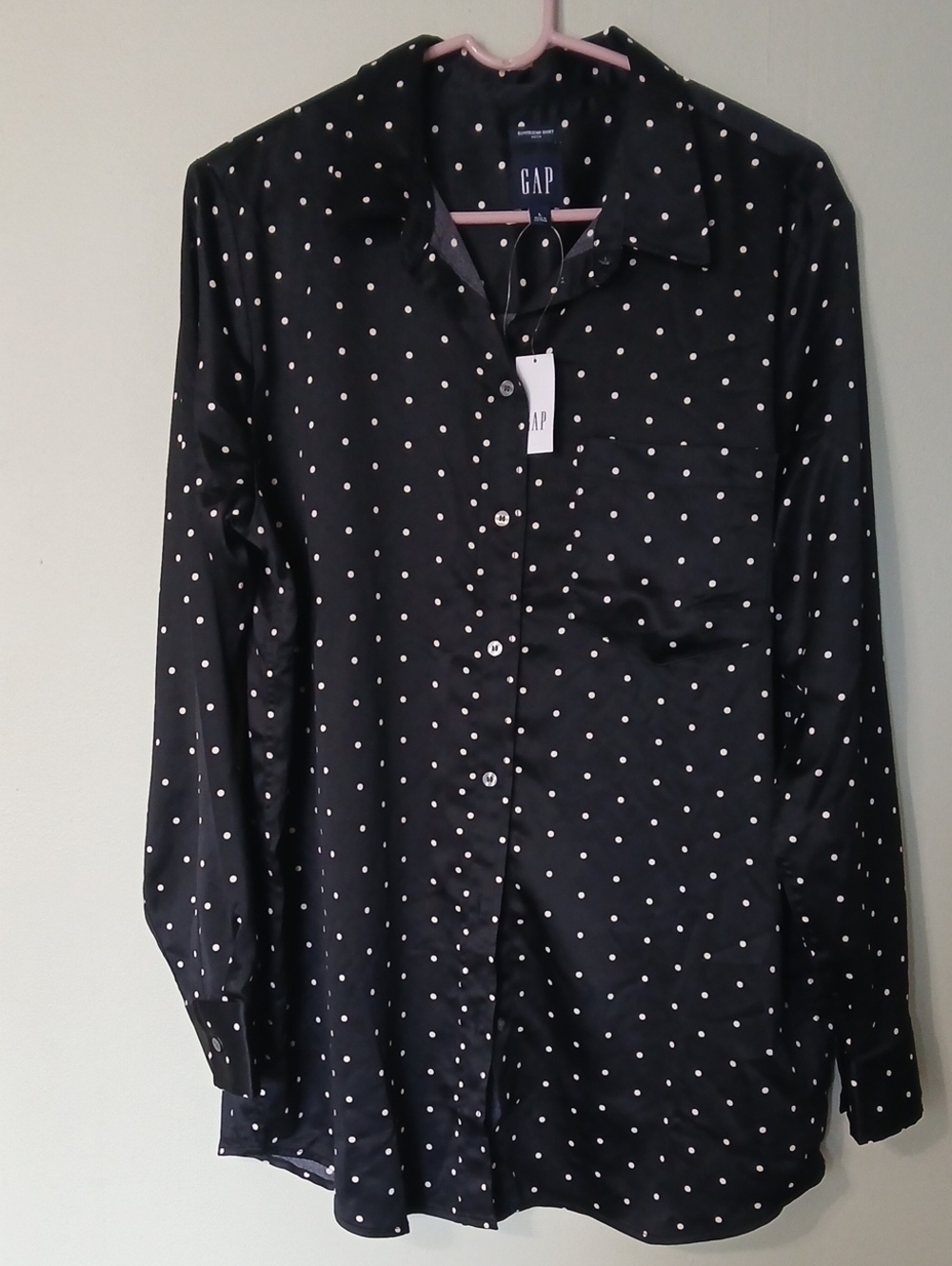 GAP Women's Boyfriend Black Button-Down Shirt with White Polka Dots Sizs L NWT